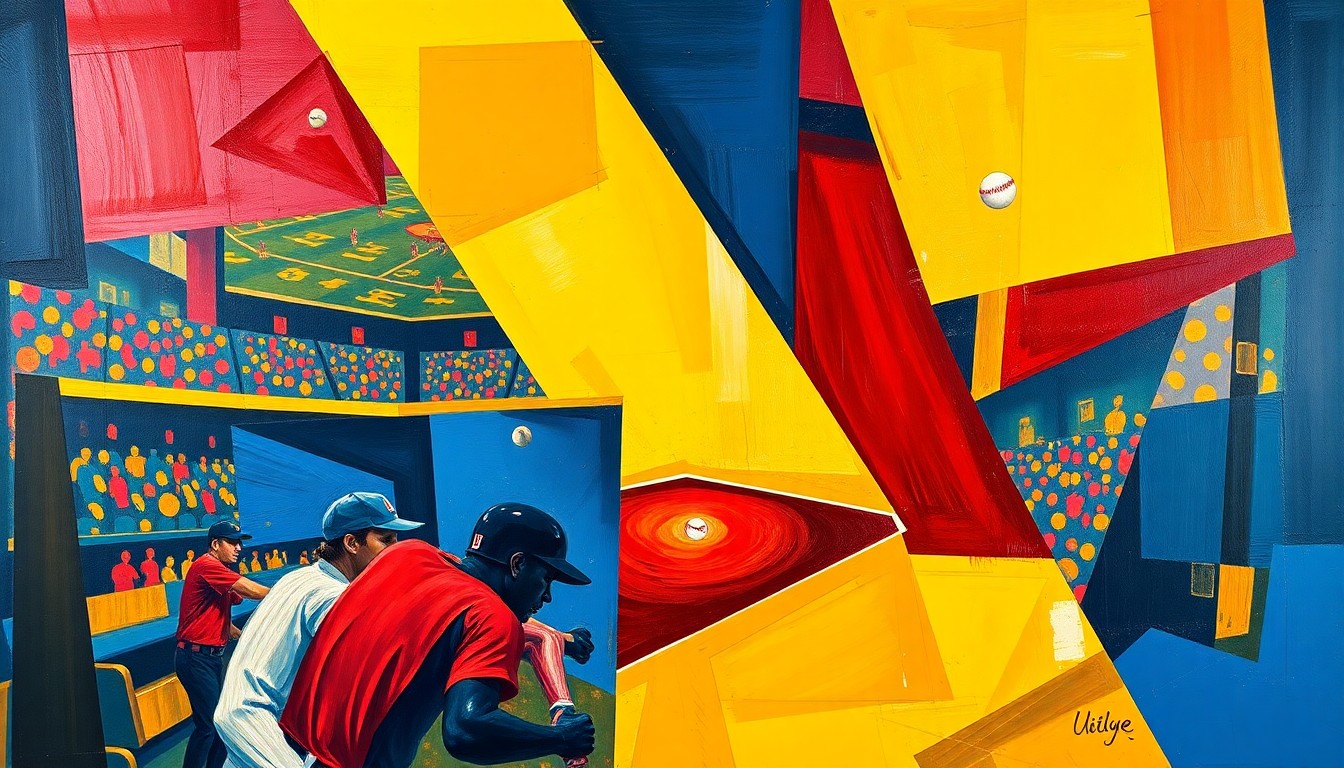 A fractured, cubist-style painting depicting a baseball game or match, with sharp geometric shapes and planes in vibrant colors like navy, crimson, and gold, capturing the dynamic energy of the sport.