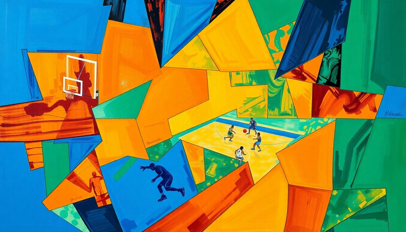 A cubist, geometric painting depicting a basketball game or match, with sharp, overlapping planes of color representing the dynamic and uncertain nature of the Cavaliers' playoff journey.