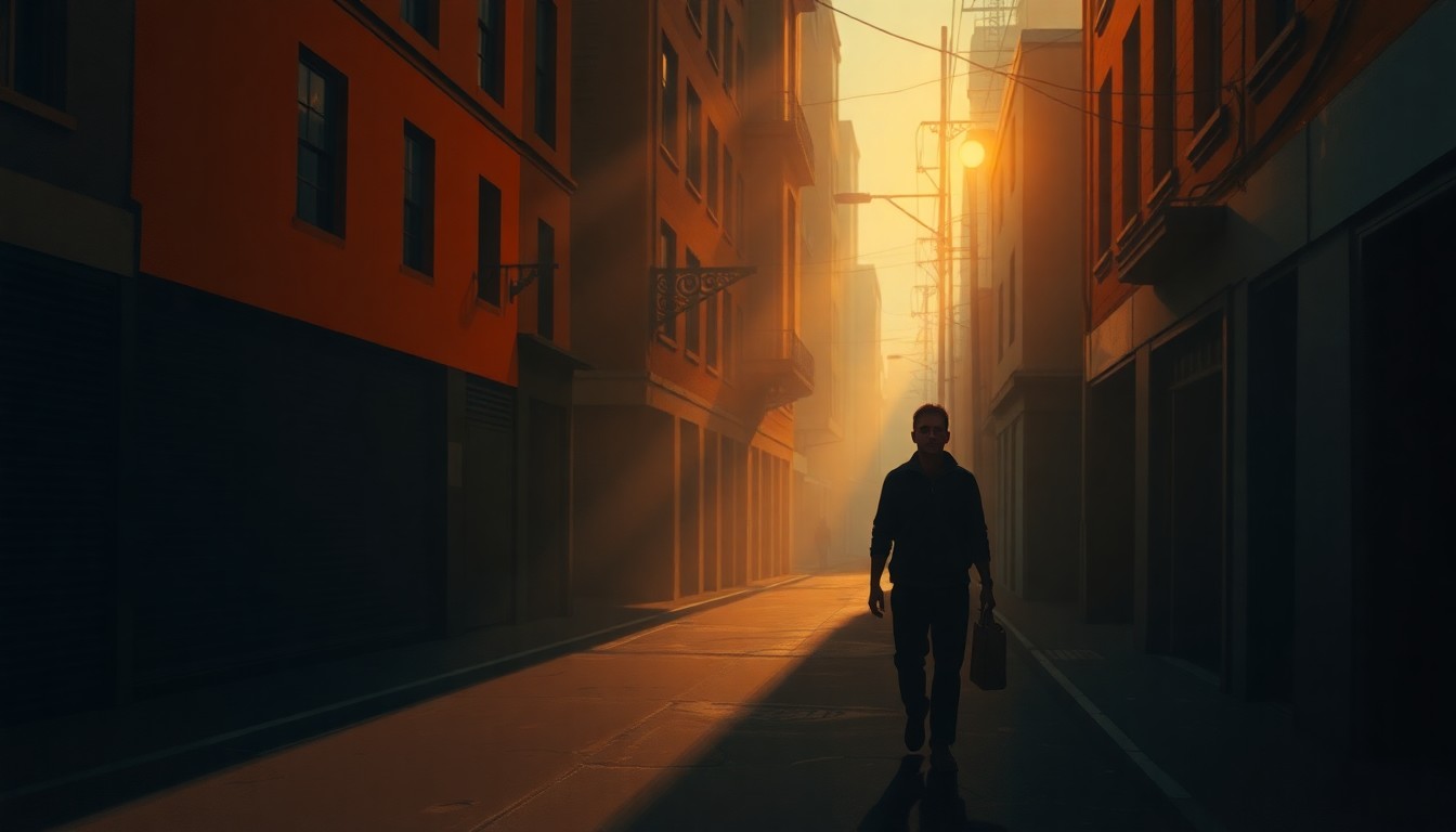 A dimly lit city street with a lone migrant walking down the sidewalk, the scene bathed in warm, cinematic lighting and deep shadows, conceptually representing the human toll of the migrant crisis.