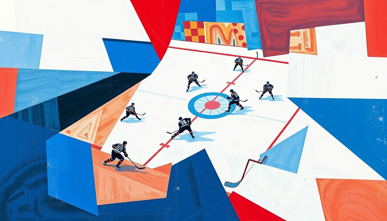 A cubist, geometric painting depicting a hockey game in abstract shapes and planes of blue, white, and red, capturing the fragmented nature of the Maple Leafs' injury-plagued season.