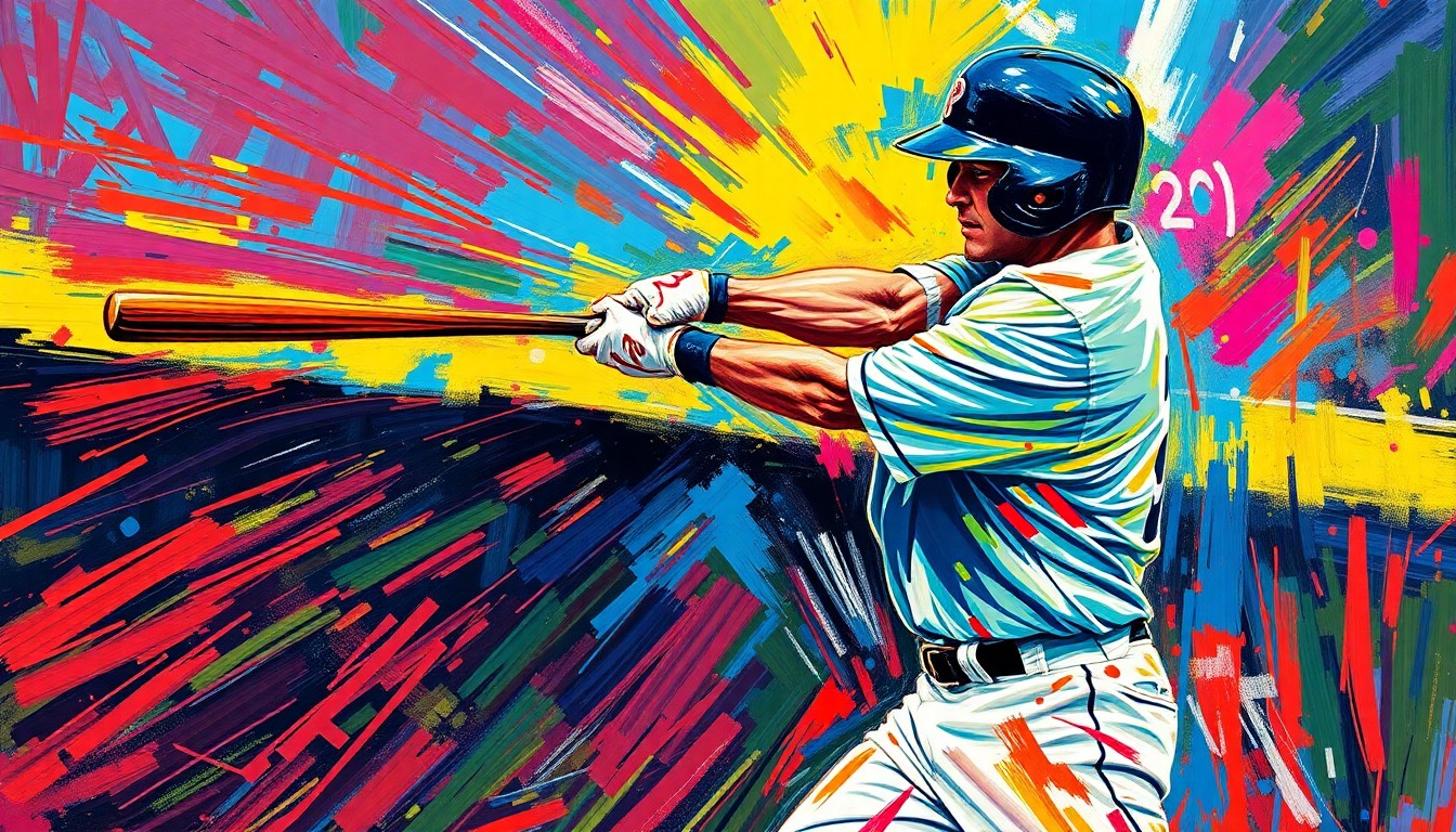 An abstract, energetic painting using bold, neon-like brushstrokes to depict the powerful swing and motion of a baseball player hitting a home run.