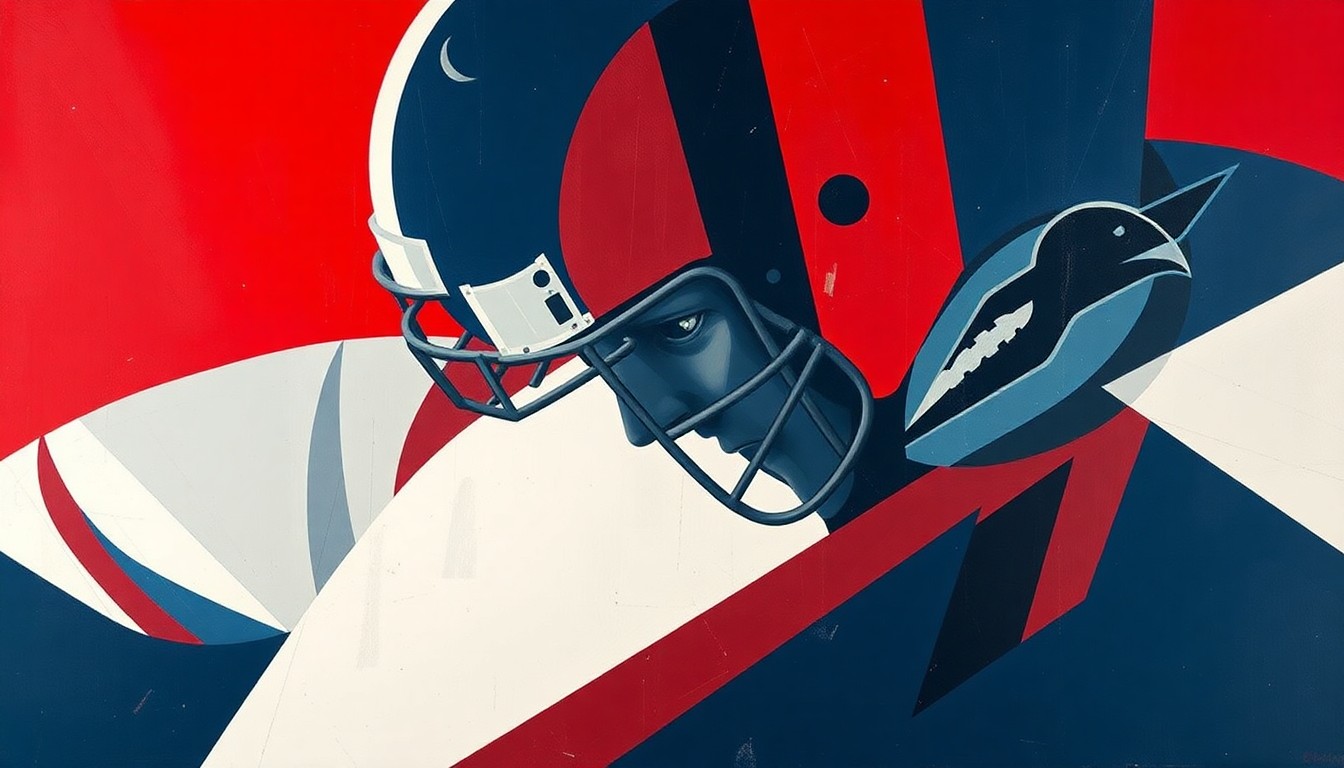 A cubist, geometric painting depicting the overlapping shapes and planes of a football defensive line, rendered in Alabama's crimson, navy, and white colors.