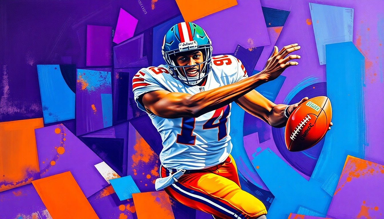 A fragmented, cubist-style painting depicting a football player making a catch, with sharp geometric shapes and vibrant colors representing the dynamic energy of the play.