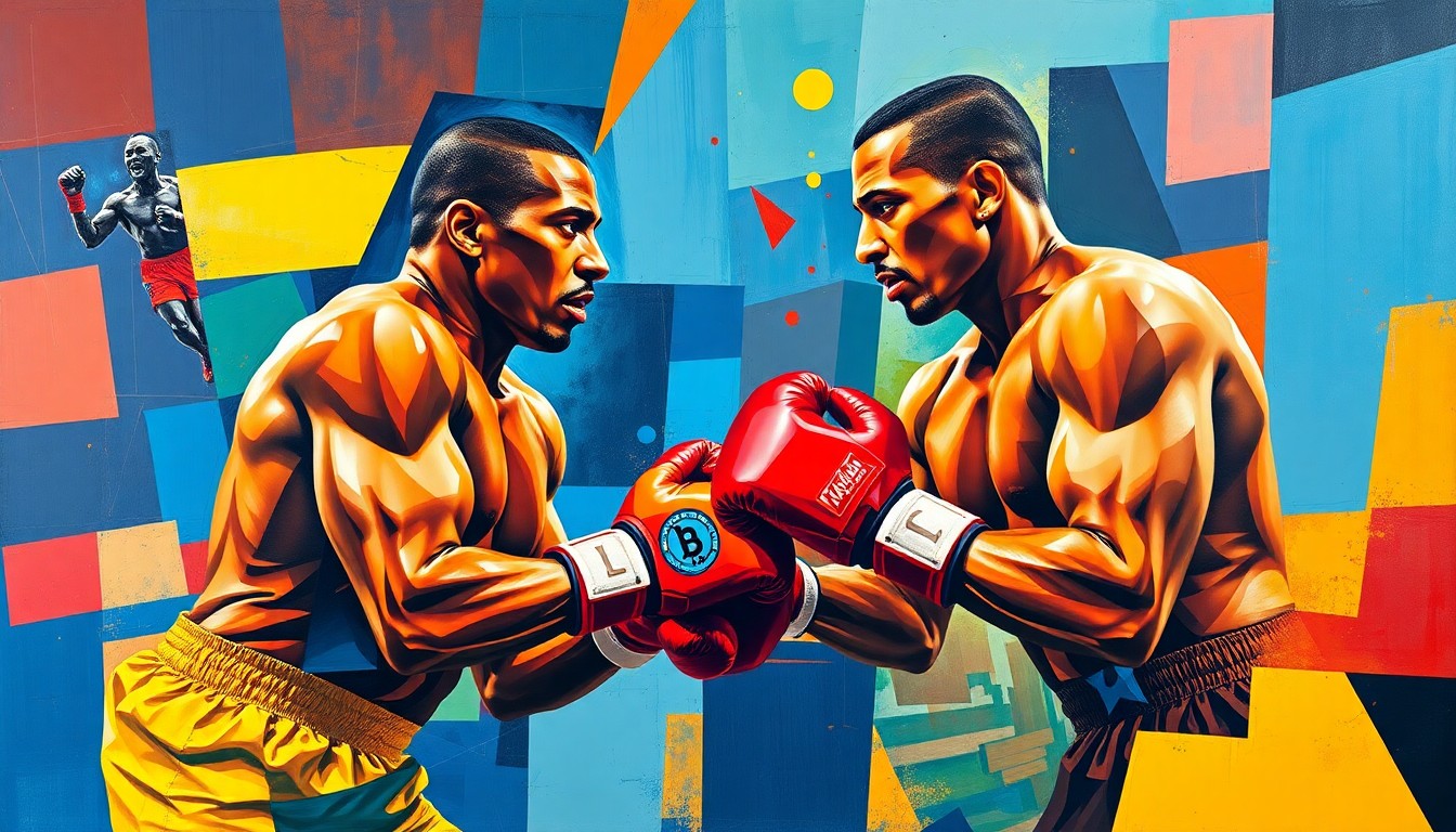 A cubist-style painting depicting a boxing match between Regis Prograis and Devin Haney, with the figures and action broken down into sharp, overlapping geometric shapes and planes in a vibrant color palette of blues, reds, and yellows.