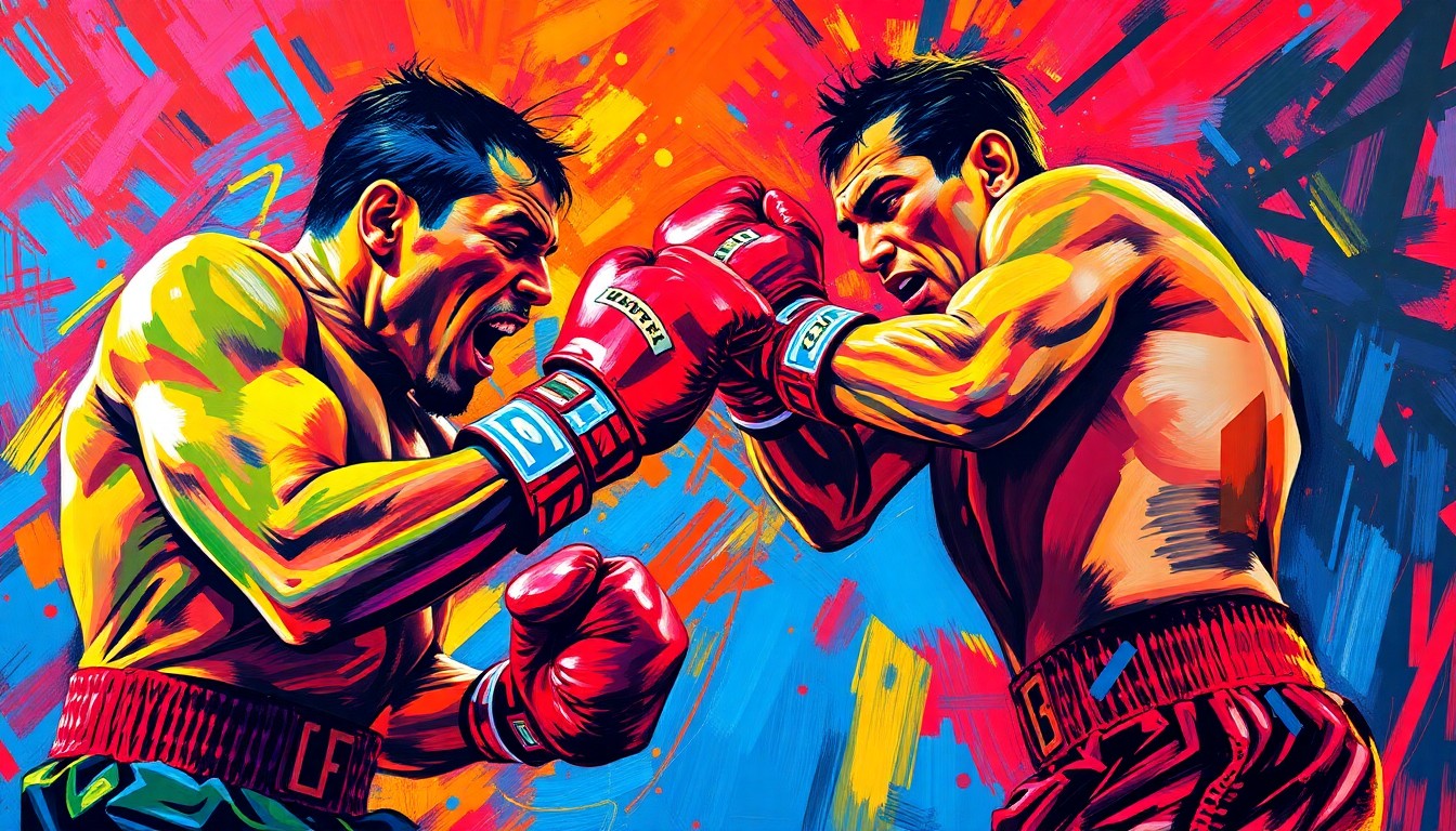 A dynamic, abstract painting featuring bold, neon-colored brushstrokes that convey the raw power and intensity of a heavyweight boxing match.