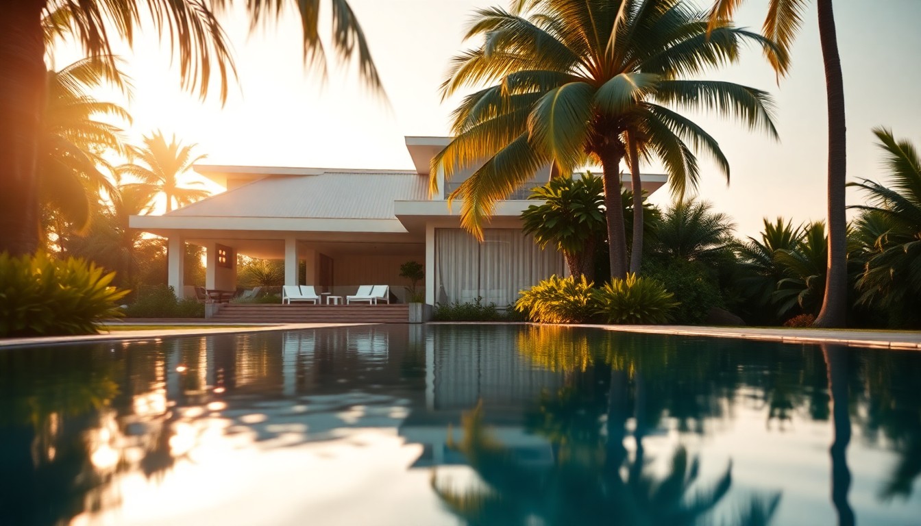 A soft, impressionistic photograph of a modern coastal home's exterior, with the main house and guest suite reflected in the shimmering waters of the pool and surrounded by lush tropical foliage, all bathed in warm, golden light.