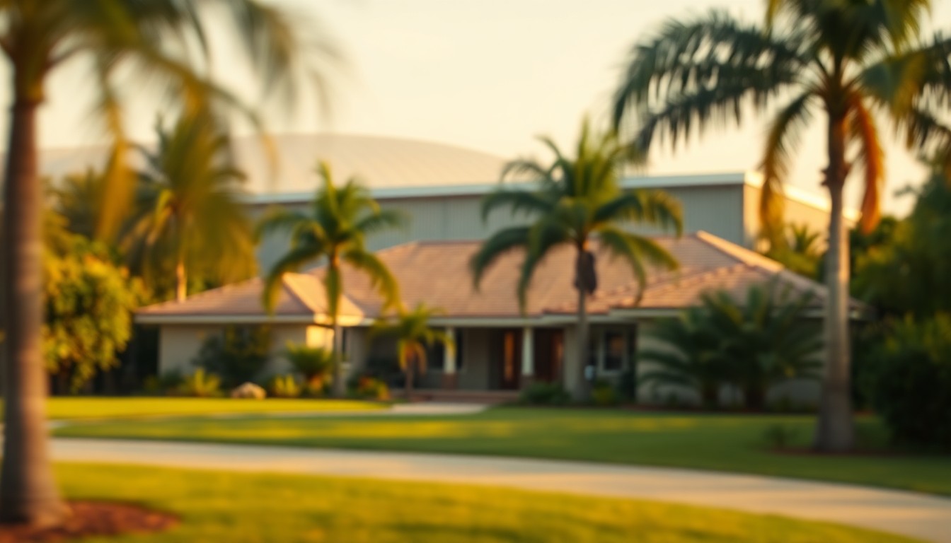 A softly blurred, impressionistic photograph in warm, earthy tones depicting the exterior of a large, single-story home surrounded by lush greenery and palm trees, with the faint outline of a large warehouse structure visible in the background, conceptually representing the blend of residential and commercial elements on the property.