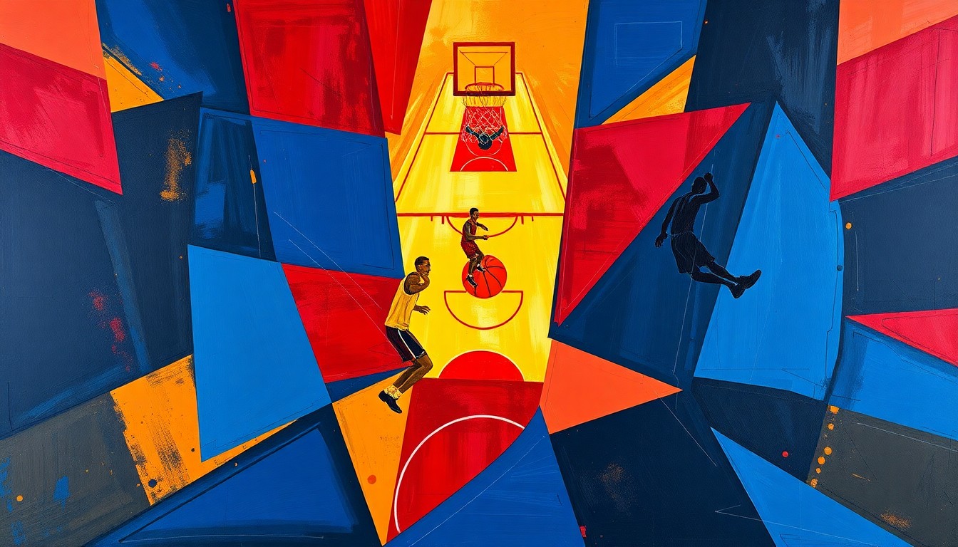 A fragmented, geometric painting featuring sharp planes of navy, crimson, and gold, conceptually representing the competitive spirit and dynamic movement of a professional basketball game.
