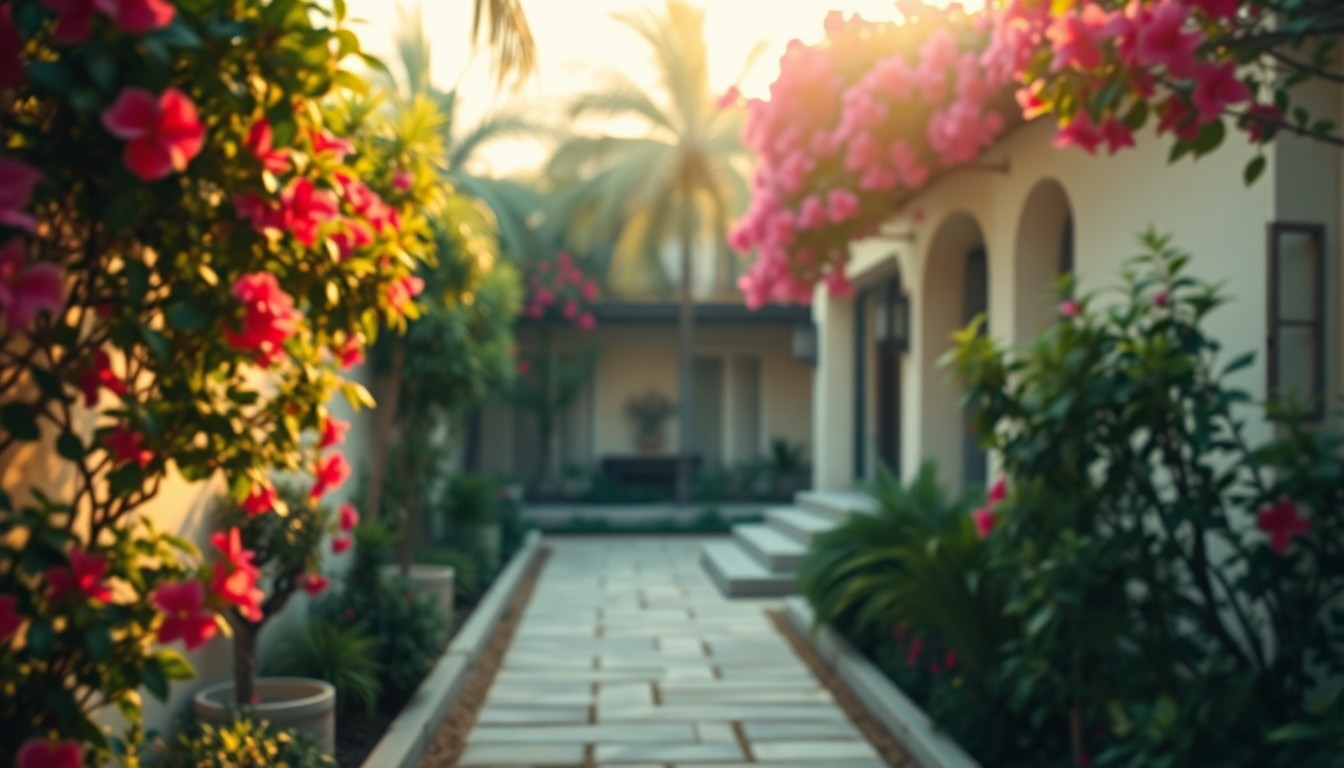 An extremely abstracted, out-of-focus photograph of a lush, tropical courtyard with warm, golden light and soft, blurred details, conveying a sense of tranquility and indoor-outdoor living.