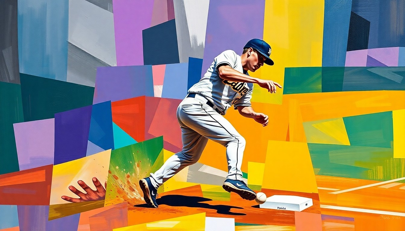 A cubist-style painting depicting a baseball player in the act of fielding a ground ball at second base, with the player's body and the field broken down into sharp, overlapping geometric shapes and planes in vibrant colors.