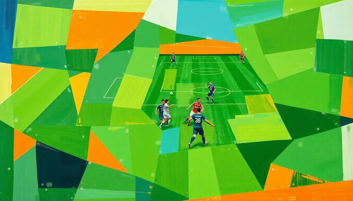 A fractured, geometric painting depicting a soccer match, with the players and field reduced to abstract shapes and planes of vibrant colors, conveying the raw intensity of the game.