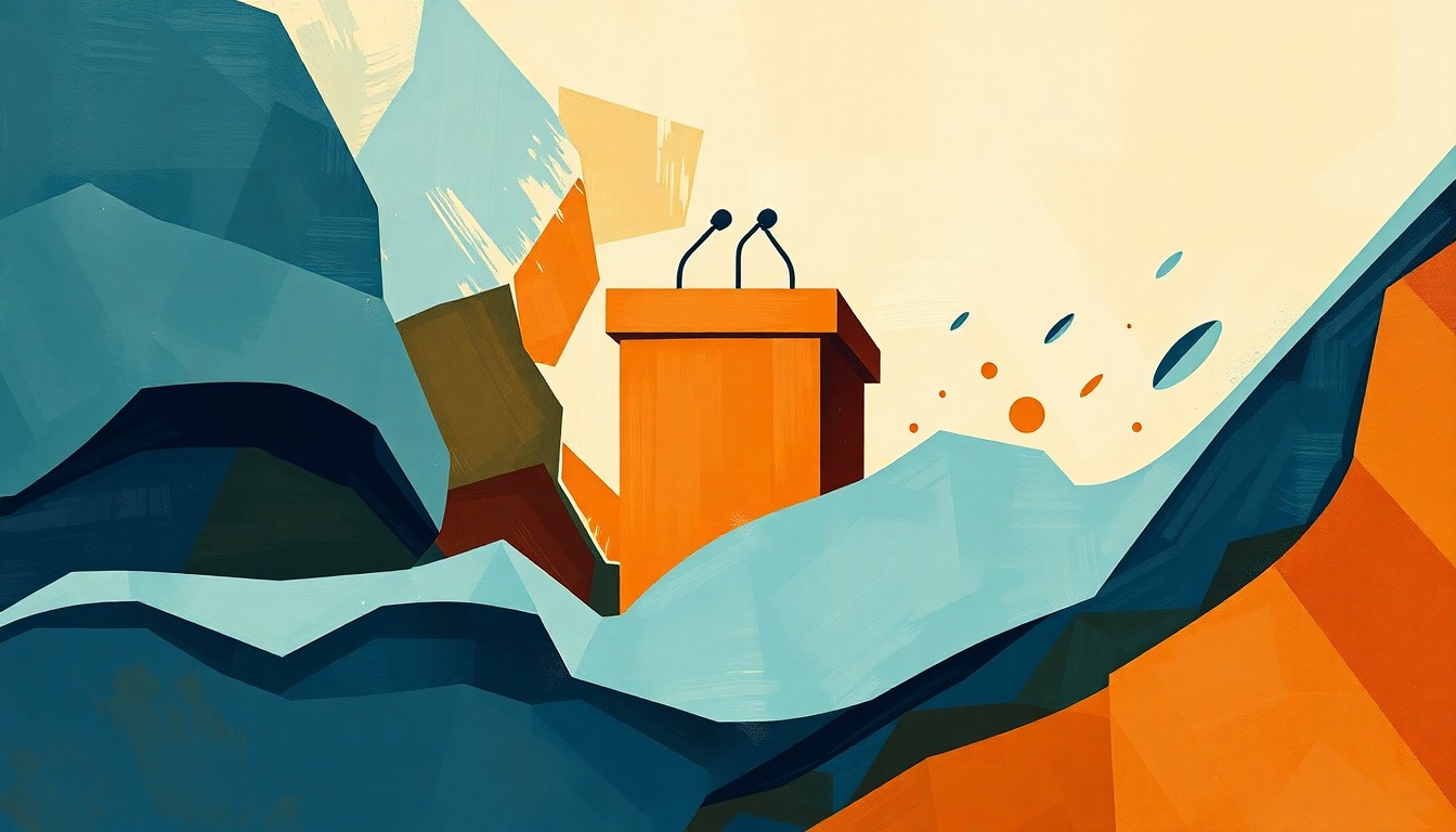 A dynamic, abstract painting in warm earth tones and cool blues, with overlapping geometric shapes and fractured lines, depicting a stylized political podium or lectern in motion, symbolizing the disruption of traditional party politics.