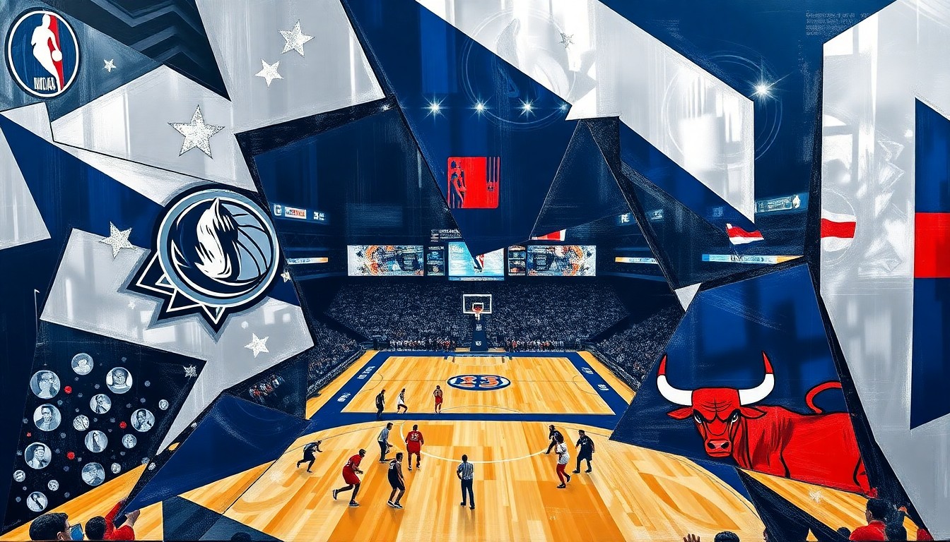 A fractured, multi-perspective painting in shades of navy blue, silver, and red, breaking down a basketball game into sharp, overlapping geometric planes, representing the ups and downs of the Dallas Mavericks' 2025-26 season.