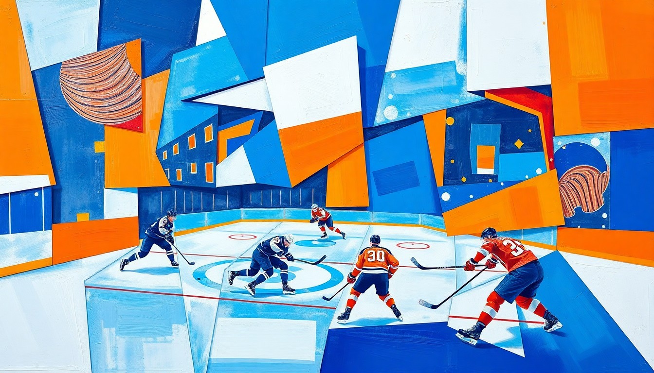 A cubist, geometric painting in vibrant colors depicting a fragmented hockey game, representing the Islanders' narrowing path to the playoffs.