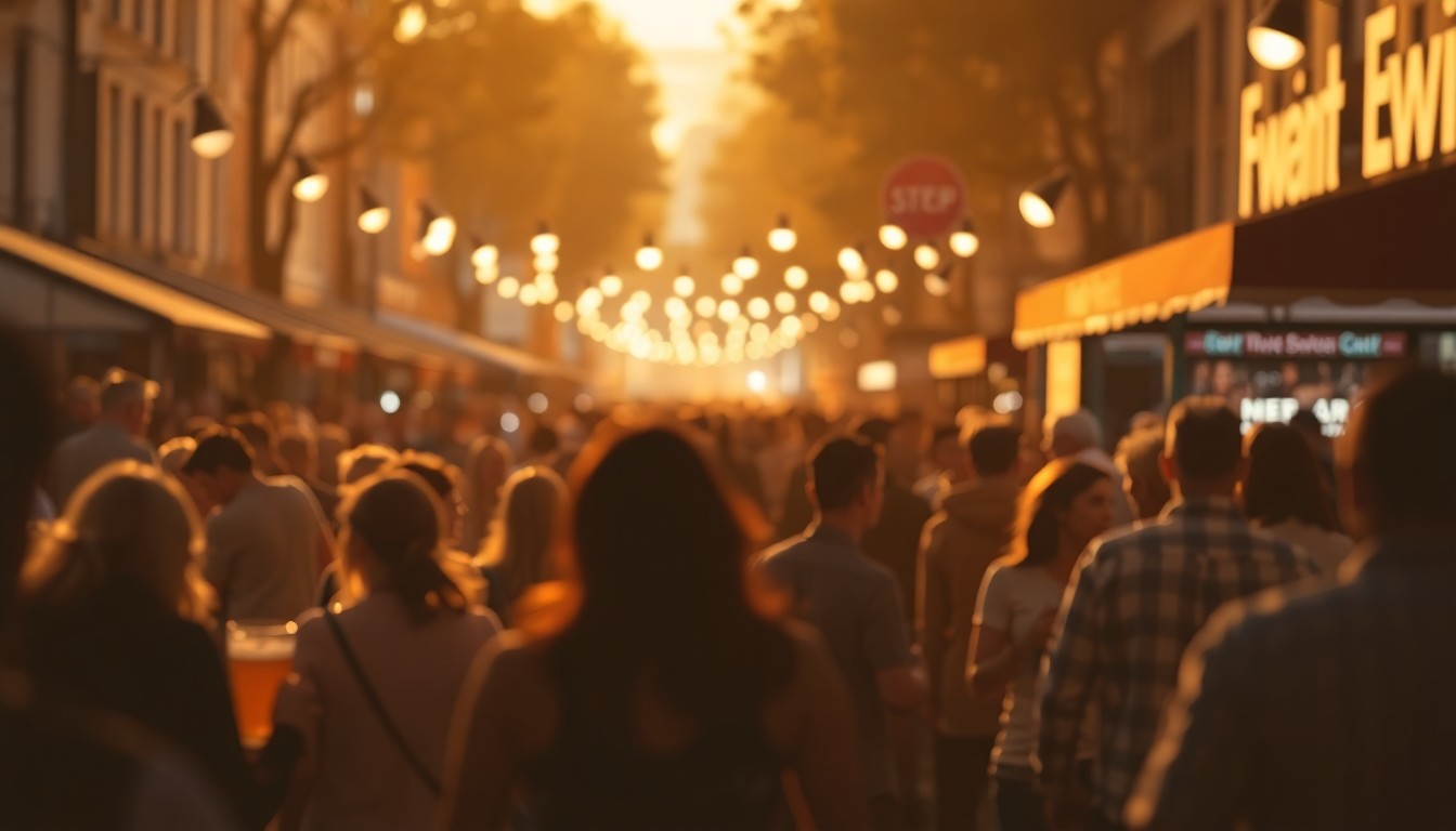 An abstract, out-of-focus scene of a crowded street festival, with blurred figures enjoying food, drinks, and music, conveying a sense of warmth, community, and celebration.