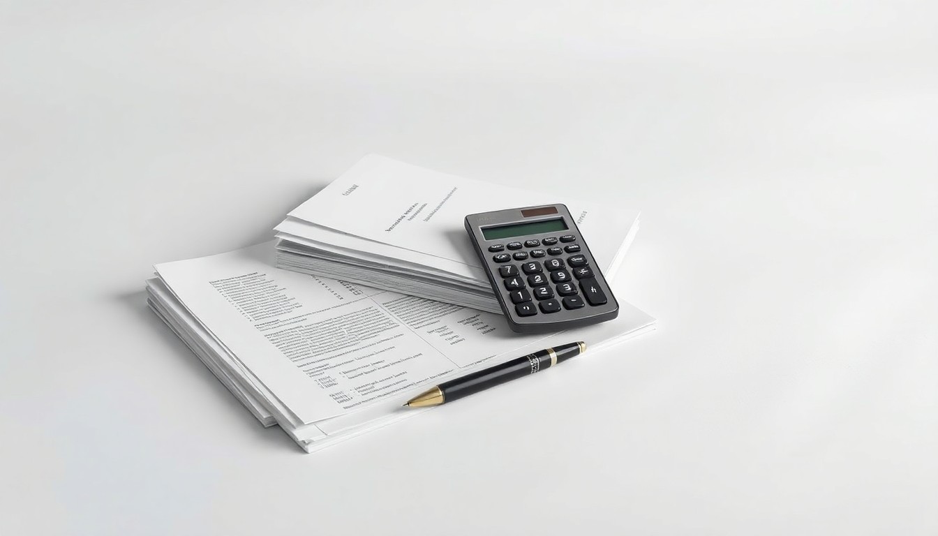 A minimalist studio photograph featuring a stack of financial documents, a pen, and a calculator arranged on a clean white background, conveying the serious and analytical nature of a securities fraud investigation.