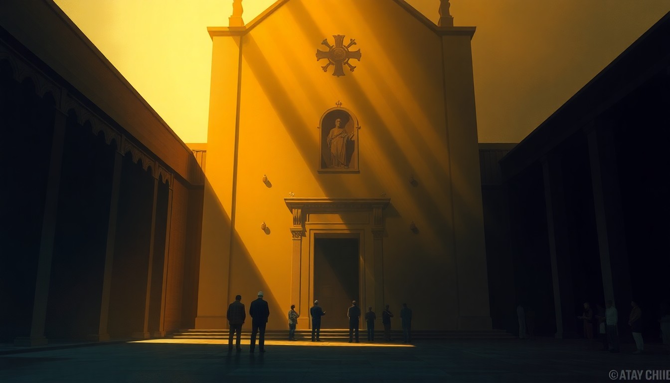 A serene, cinematic painting depicting the exterior of a cathedral with a small group of people gathered outside, praying together in the warm, golden light of the setting sun, conveying a sense of community, faith, and hope in a time of global tension.