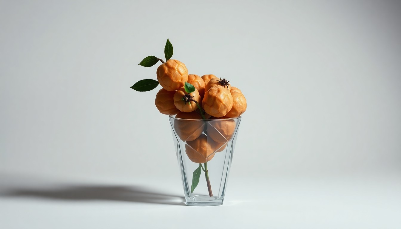 A photorealistic studio still life featuring a polished glass vase filled with freshly harvested Longan fruit, set against a clean, monochromatic background, conceptually representing the investment value and natural bounty of this Florida agricultural property.