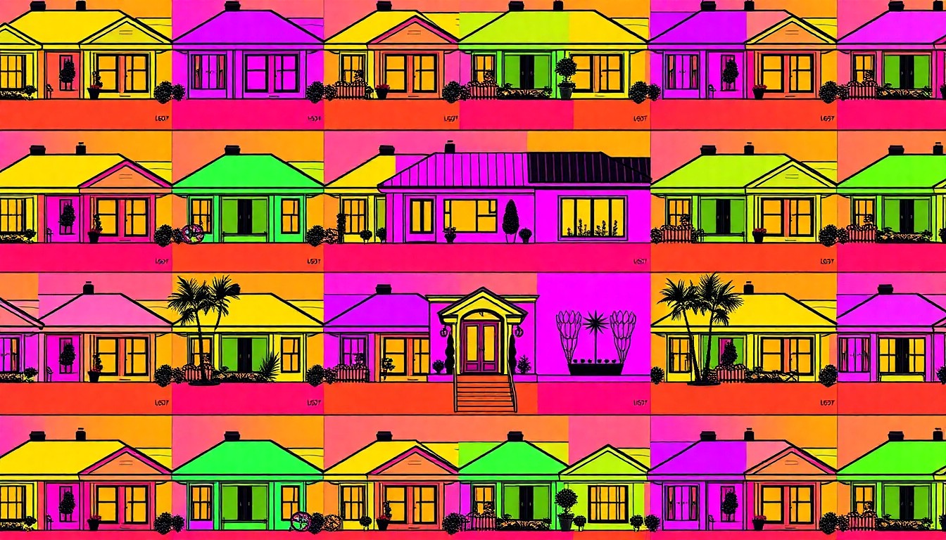 A highly stylized, pop art-inspired illustration of a two-story single-family home exterior, rendered in a repeating grid of vibrant neon colors and bold black outlines, conceptually representing the luxury real estate market in Hollywood, Florida.