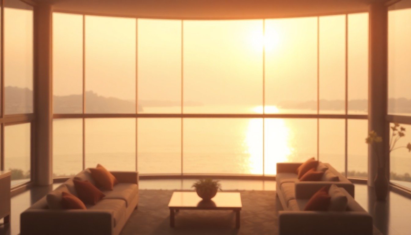 An abstract, out-of-focus photograph in soft, warm tones depicting the interior of a modern, elegant living room with floor-to-ceiling windows overlooking a body of water, creating a dreamlike, atmospheric scene.