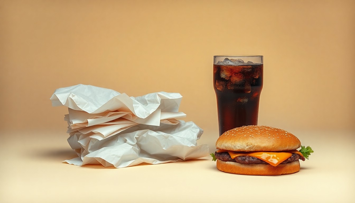 A photorealistic studio still life featuring a stack of crumpled burger wrappers, a half-eaten burger, and a glass of soda on a clean, monochromatic background, conceptually representing the financial and operational struggles of the burger industry.