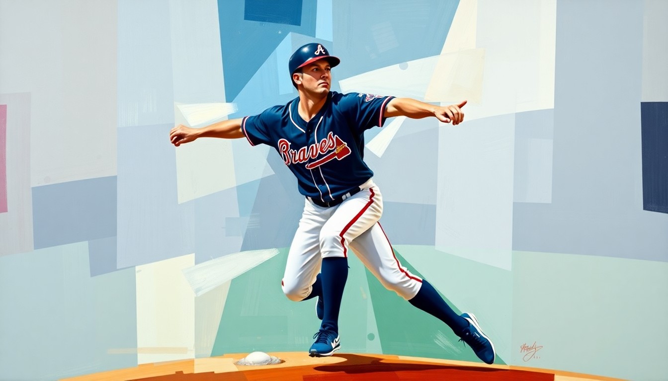A cubist, geometric painting depicting the movements and positioning of a baseball outfielder, with sharp planes of navy blue, red, and white representing the Braves' uniform colors.