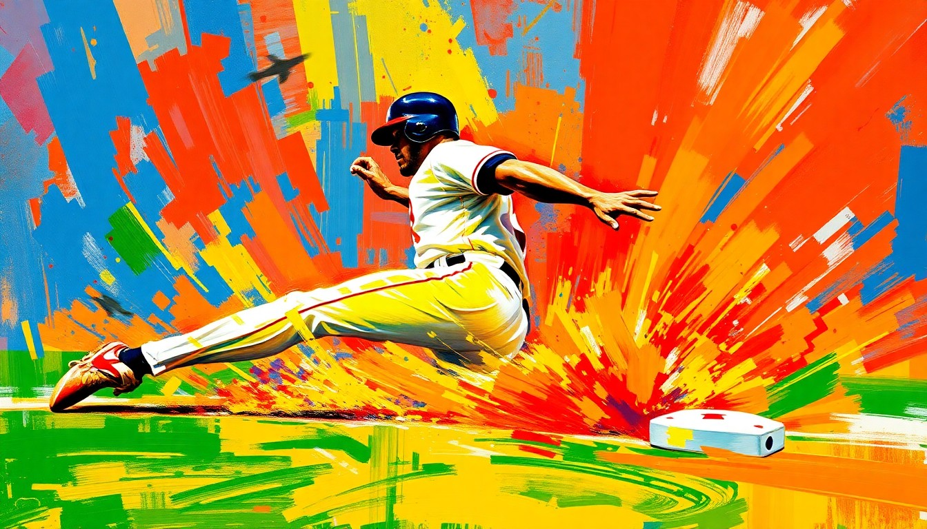 An abstract, textured painting in bright neon colors, with sweeping brushstrokes that convey the explosive motion and energy of a baseball player sliding into a base.