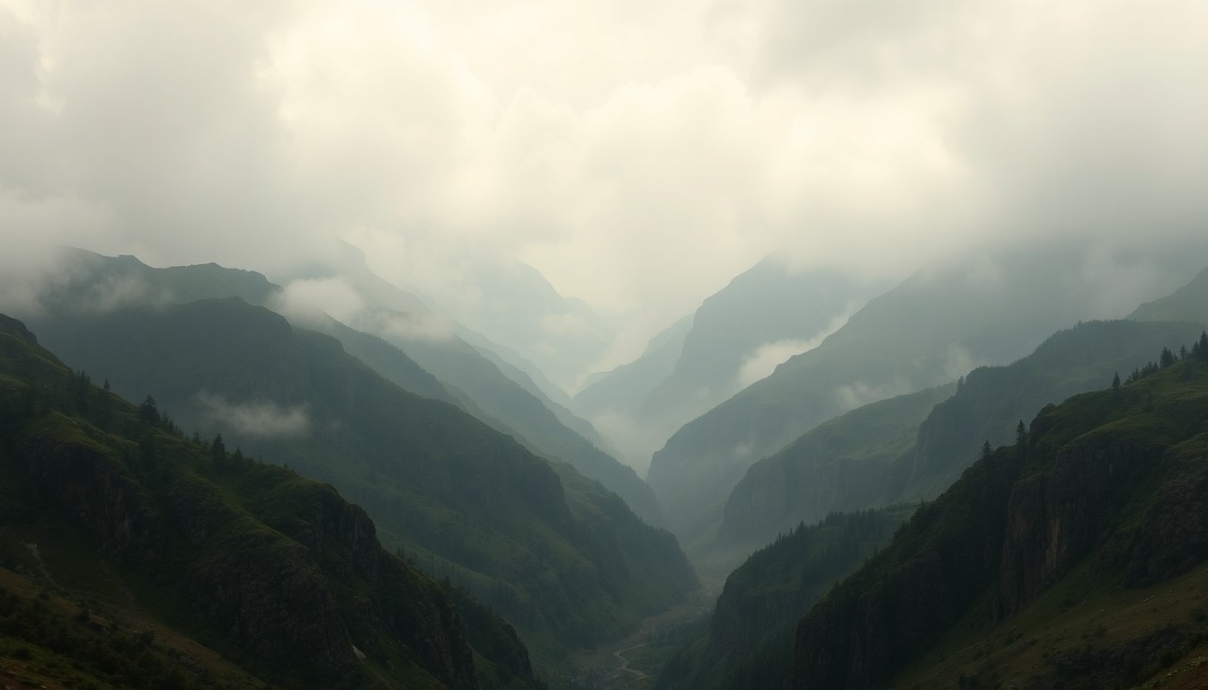 A sweeping, atmospheric landscape painting in muted tones of grey, blue, and green, depicting the rugged, fog-shrouded mountains of Tehama County, conveying a sense of the overwhelming scale and power of the natural environment.
