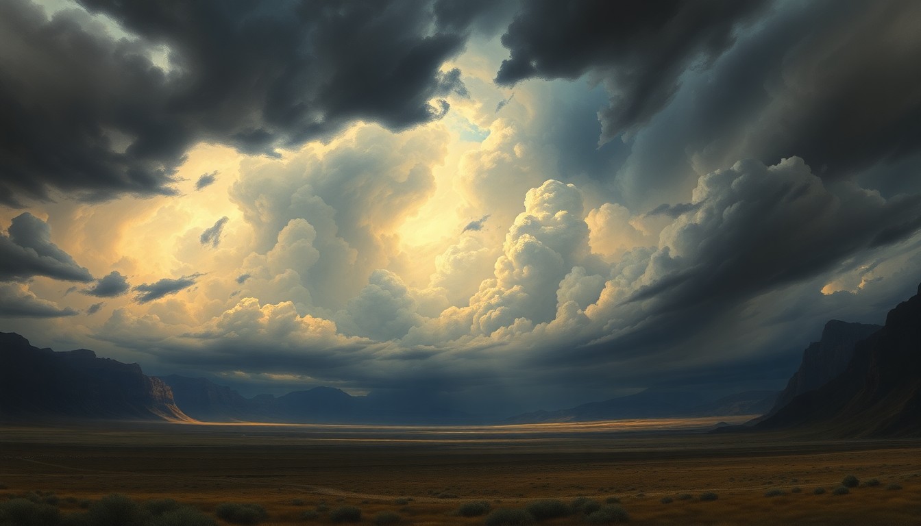 A vast, atmospheric landscape painting in muted earth tones, with dramatic clouds and lighting casting an ominous glow over a rugged, remote terrain, conceptually representing the overwhelming scale and power of an impending severe weather system.