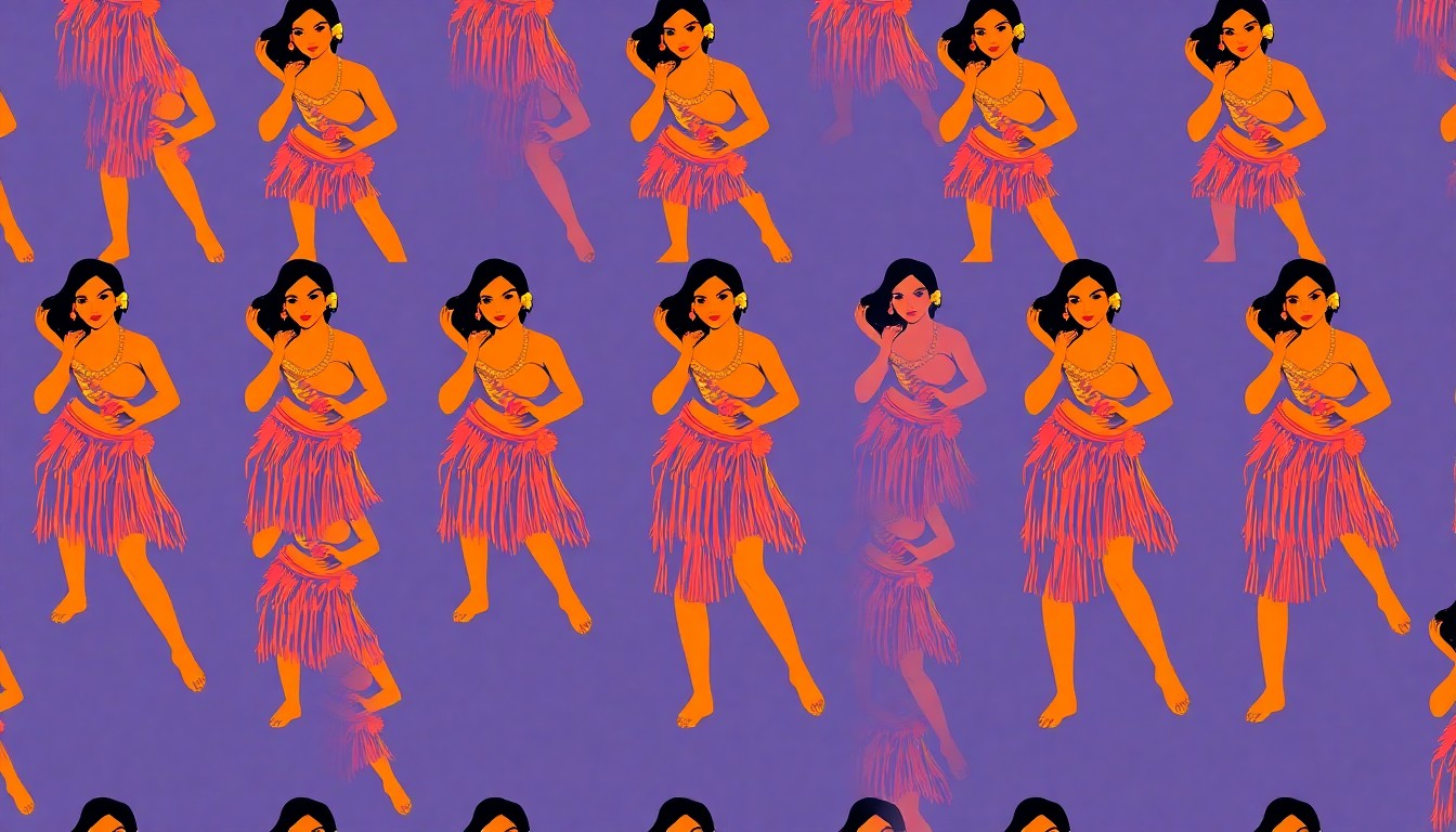 A bold, colorful silkscreen-style illustration featuring a repeated pattern of a hula dancer figure in vibrant neon shades, capturing the energy and spirit of the halau's tribute to their beloved mentor.