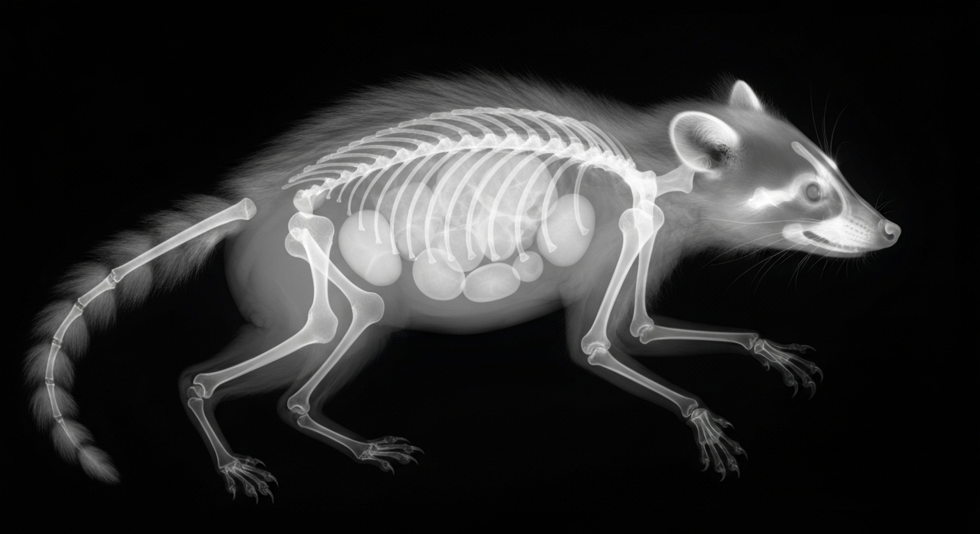 An extreme close-up X-ray photograph of a small animal, its internal organs and skeletal structure glowing against a dark background, conceptually illustrating the vulnerability of wildlife to the live virus vaccines being sprayed indiscriminately.