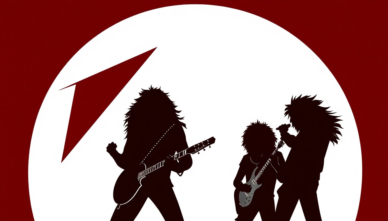 A bold, abstract composition of jagged geometric shapes and stark black silhouettes in high-contrast red and white, conceptually representing the energy and impact of the 1980s hair metal genre and Ratt's hit song 'Round and Round'.