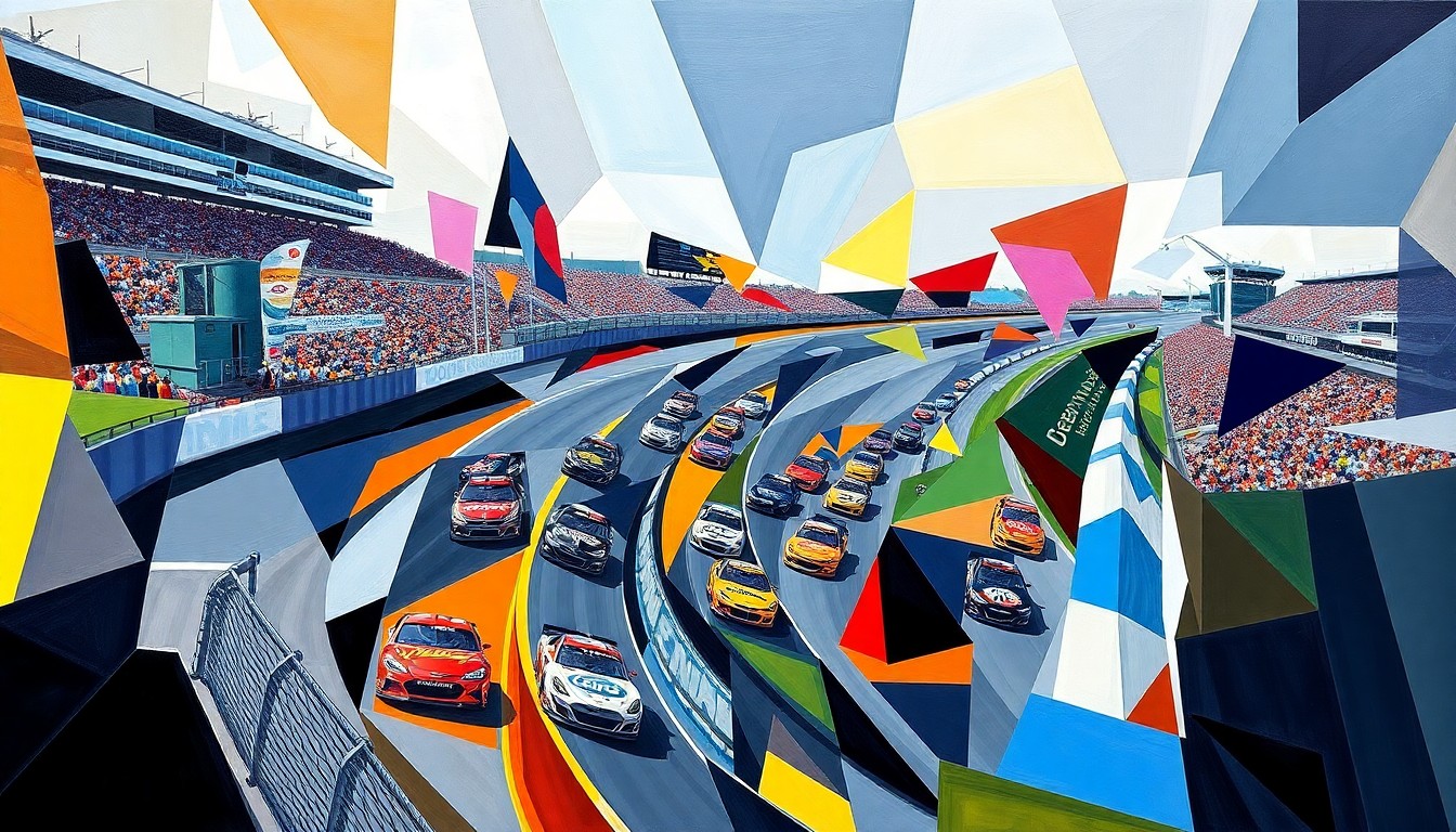 A fractured, geometric painting depicting the chaos and energy of a NASCAR race at Bristol Motor Speedway, with the cars and track reduced to angular, colorful shapes.