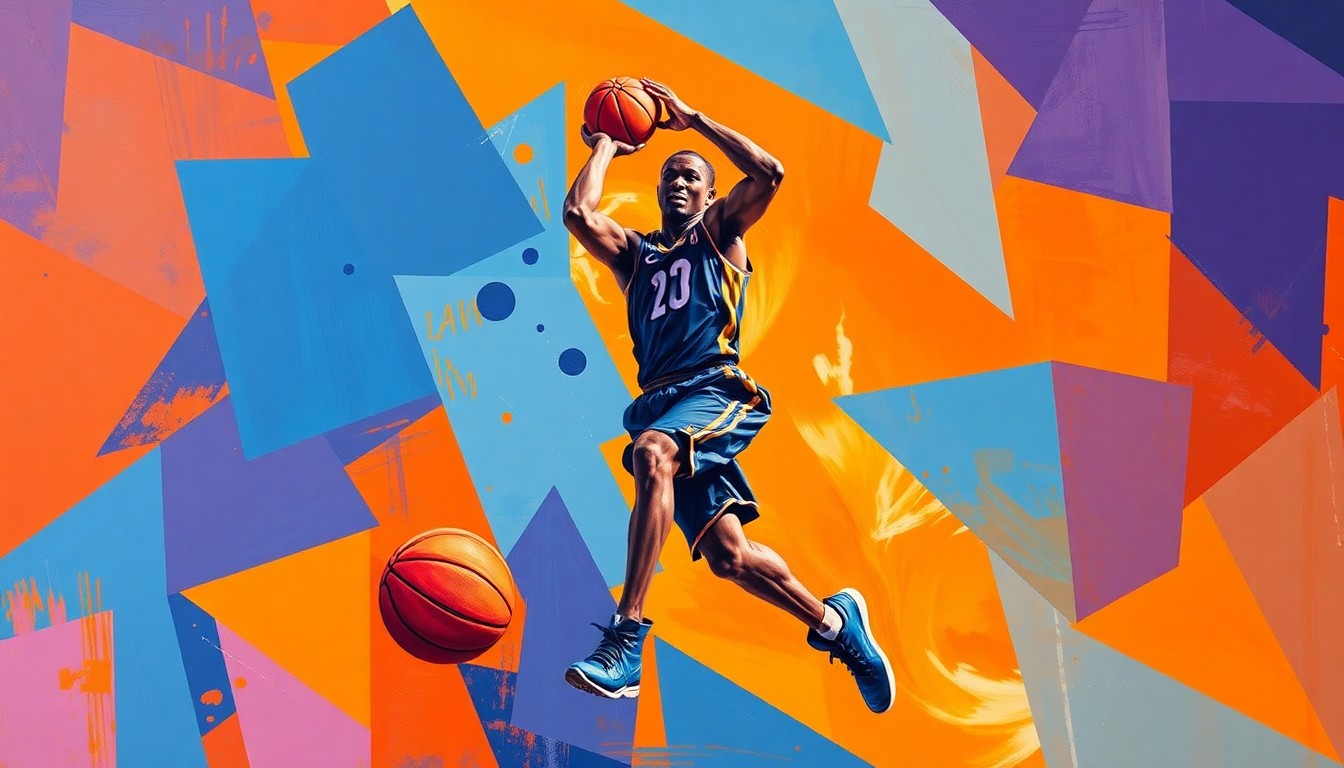 A cubist-style painting depicting a basketball player's movements broken down into sharp, overlapping geometric shapes in vibrant shades of orange, blue, and purple, conveying the energy and dynamism of the sport.
