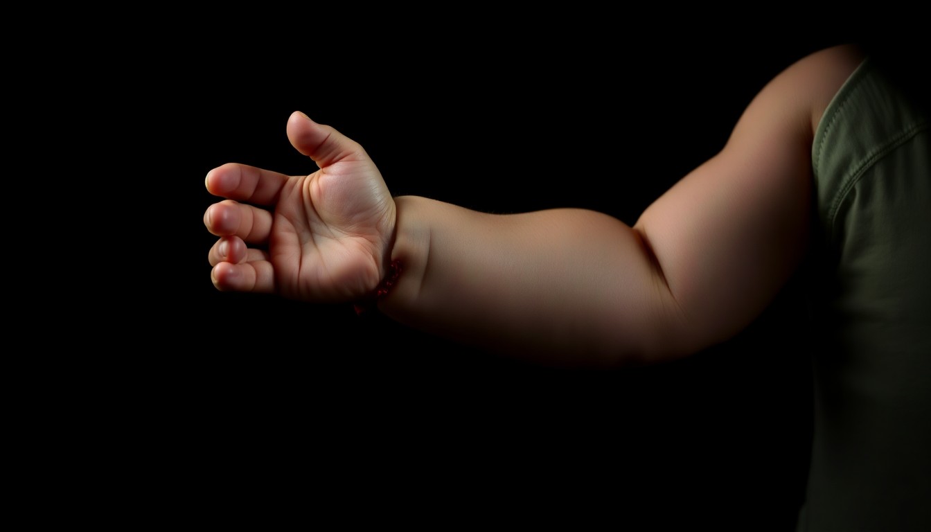 An extreme close-up photograph of a baby's broken arm, the harsh lighting and stark black background creating a gritty, investigative aesthetic that conceptually represents the severity of the alleged child abuse.