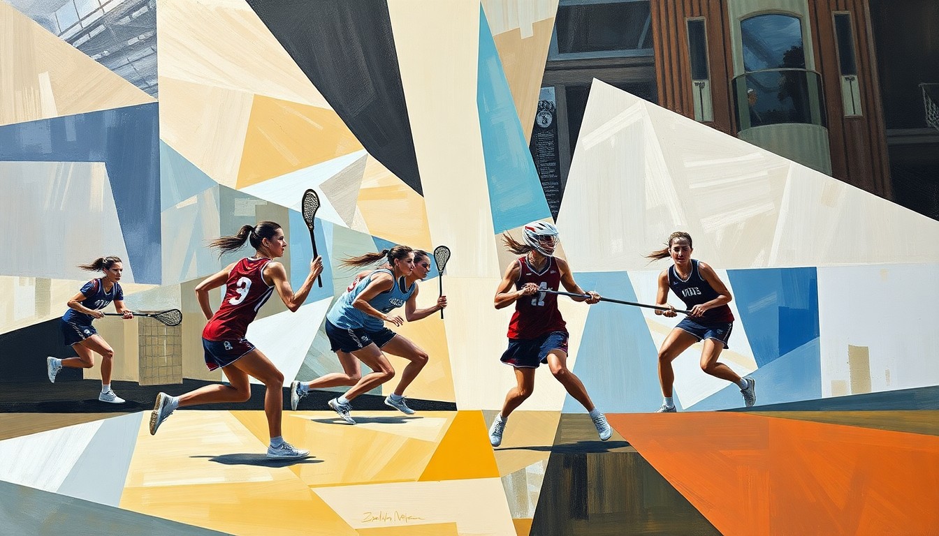 A fragmented, abstract painting depicting a women's lacrosse game, with sharp, overlapping shapes and planes of color representing the action on the field.