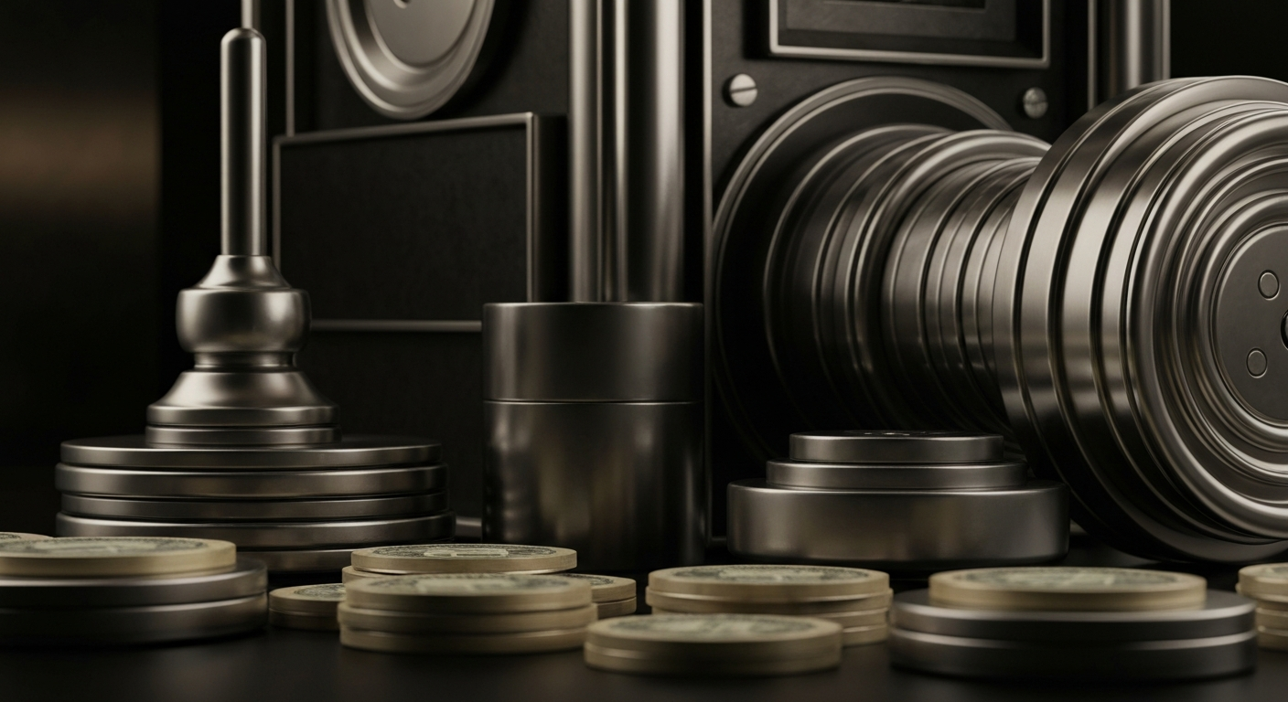 An extreme close-up of gleaming, heavy-duty banking equipment and machinery, conveying the physical, industrial nature of financial institutions and the tangible underpinnings of wealth.