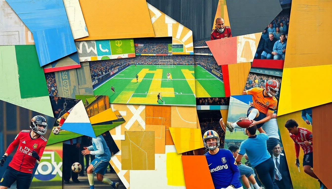 A cubist, geometric illustration depicting fragmented, overlapping shapes and planes representing a football game or match, conveying the strategic and analytical nature of the Bills' new defensive coordinator hire.