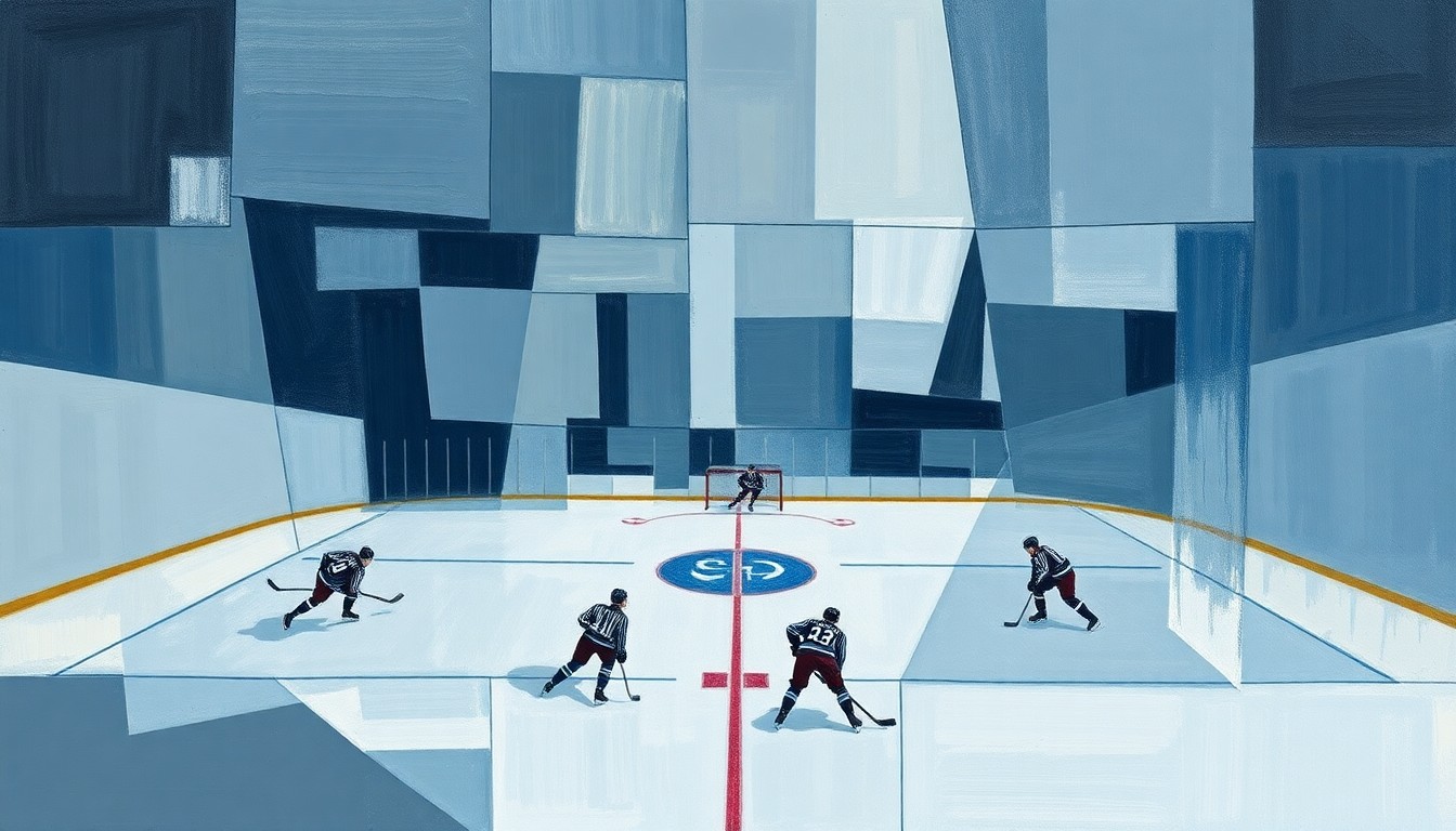 A cubist, geometric painting depicting a fragmented hockey game scene, with overlapping planes of muted blue, gray, and white hues representing the complex decisions facing the Rangers' front office.