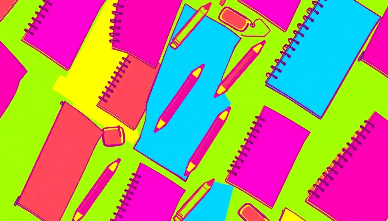 A vibrant, abstract grid of brightly colored school supplies, conceptually representing the interconnected nature of the education system and the fight for its future.
