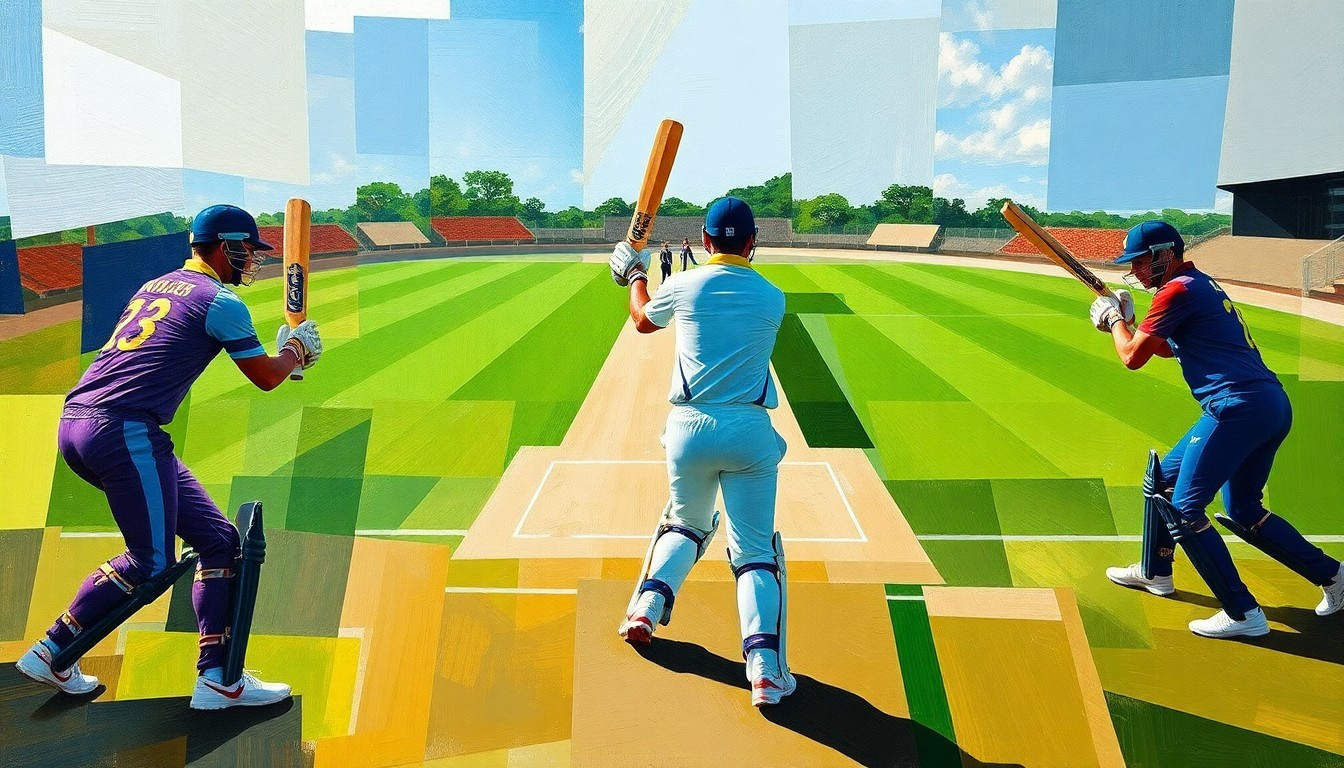 A cubist, geometric painting depicting the dynamic movements and energy of a cricket match or training session, with the players' forms abstracted and deconstructed into sharp, overlapping planes of color and shape.