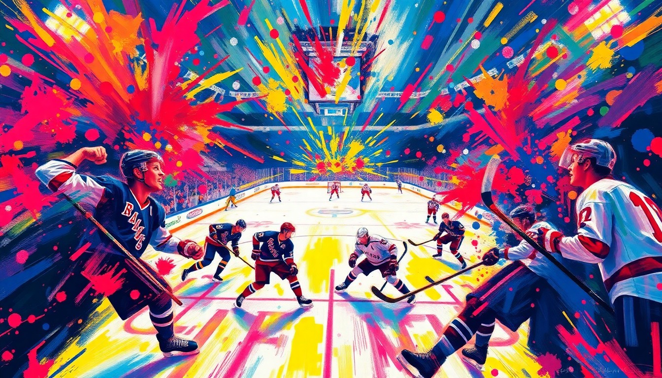 An abstract, expressionist painting in vibrant neon colors, capturing the raw energy and movement of a hockey game, with players' figures and the rink dissolving into a blur of brushstrokes and splashes of paint.