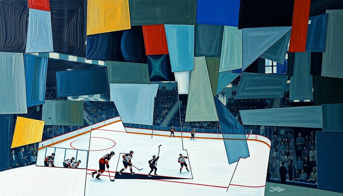 A cubist, geometric painting depicting a hockey game, with overlapping planes of color and shape representing the dynamic action on the ice.
