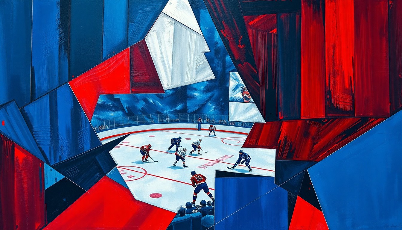 A fragmented, geometric painting in shades of navy, crimson, and silver, depicting a hockey game from multiple angles and perspectives, conveying the intensity and unpredictability of the playoff push.