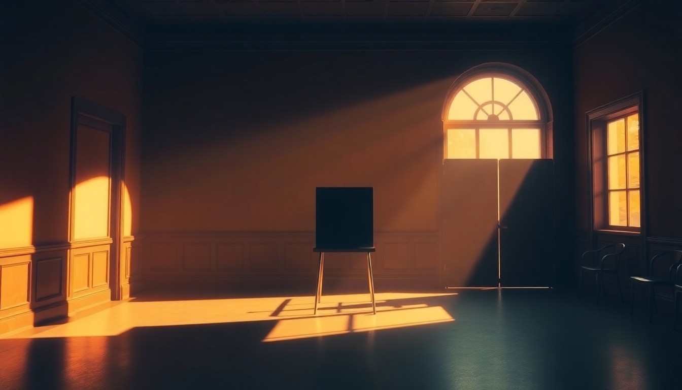 A quiet, cinematic painting of a solitary voting booth in a dimly lit government office, bathed in warm, diagonal sunlight and deep shadows, conceptually illustrating the issues with voter roll accuracy in Pennsylvania.