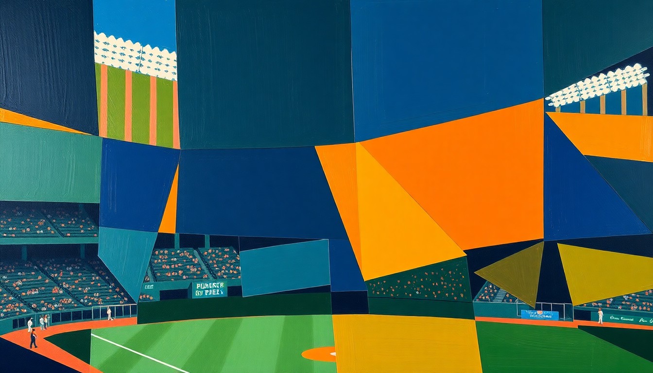 A cubist-style painting featuring overlapping geometric shapes in navy, green, and orange, conceptually representing the back-and-forth action of a close baseball game.