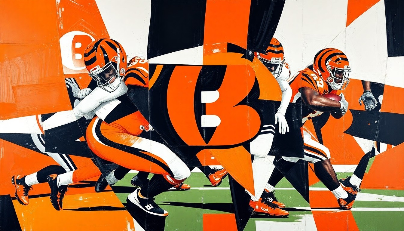 A cubist-style painting depicting a fragmented, geometric interpretation of a Bengals defensive play, with sharp, overlapping planes of orange, black, and white colors.