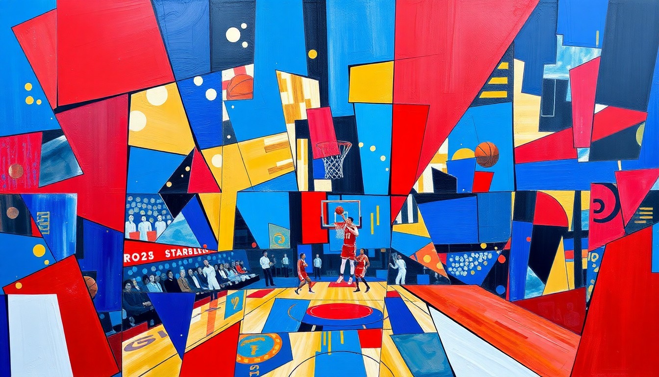 A cubist, geometric painting featuring overlapping planes of royal blue, crimson red, and metallic gold, conceptually representing the dynamic energy and strategic depth of the Detroit Pistons' basketball team.