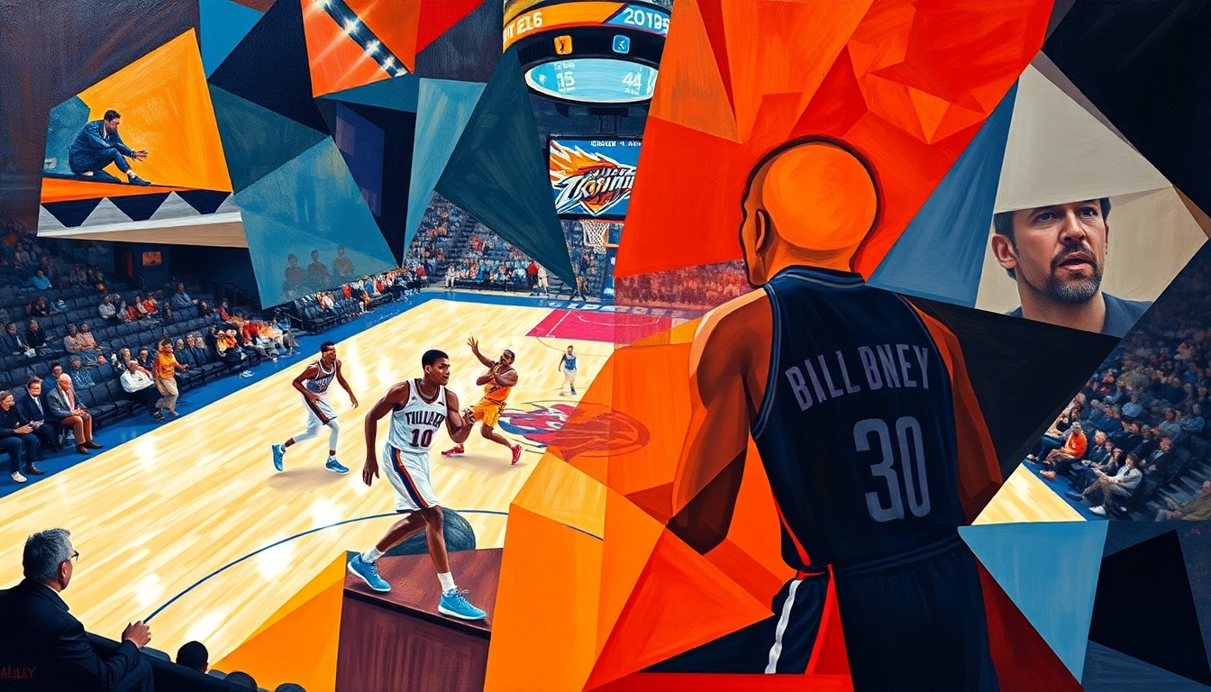 A fractured, geometric painting depicting an abstracted basketball game between the Oklahoma City Thunder and Phoenix Suns, with the players' forms broken down into angular, colorful shapes on the court.