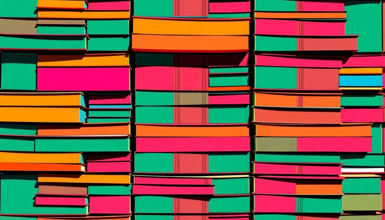 A brightly colored, abstract silkscreen print of stacked library books in a grid pattern, representing the new public library facility coming to downtown Santa Cruz.